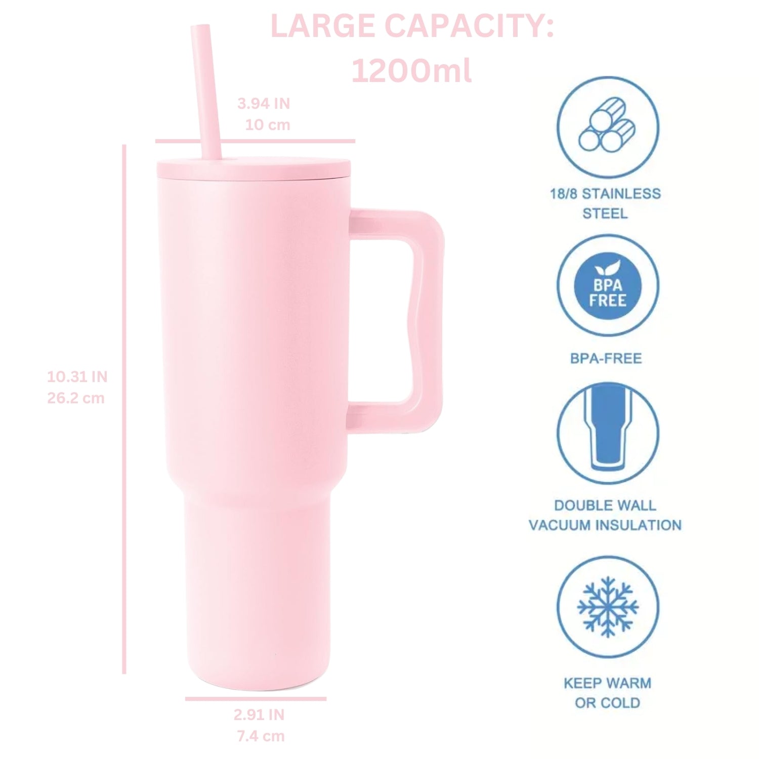 Stainless Steel Tumbler with Straw & Handle 1200ML - Misty Rose