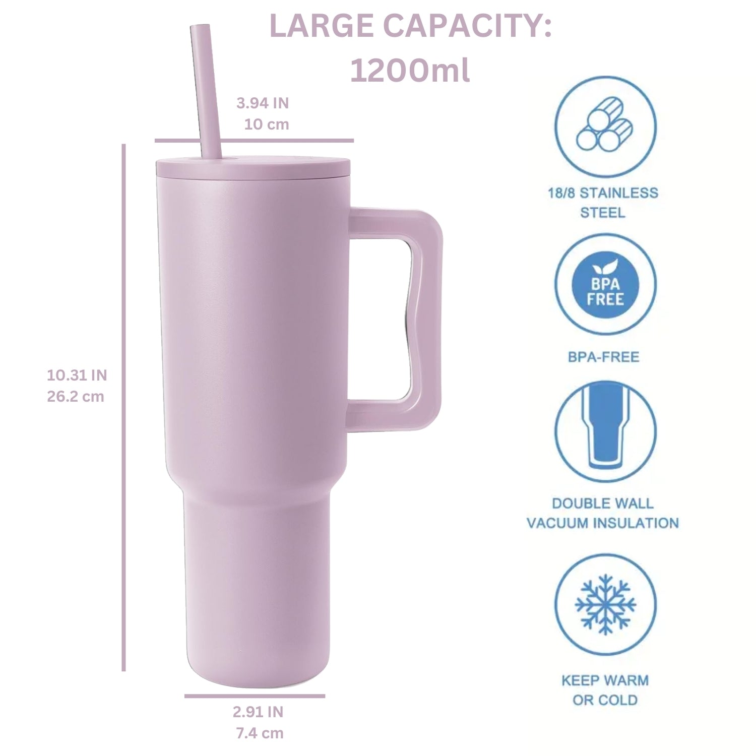 Stainless Steel Tumbler with Straw & Handle 1200ML - Lavender mist