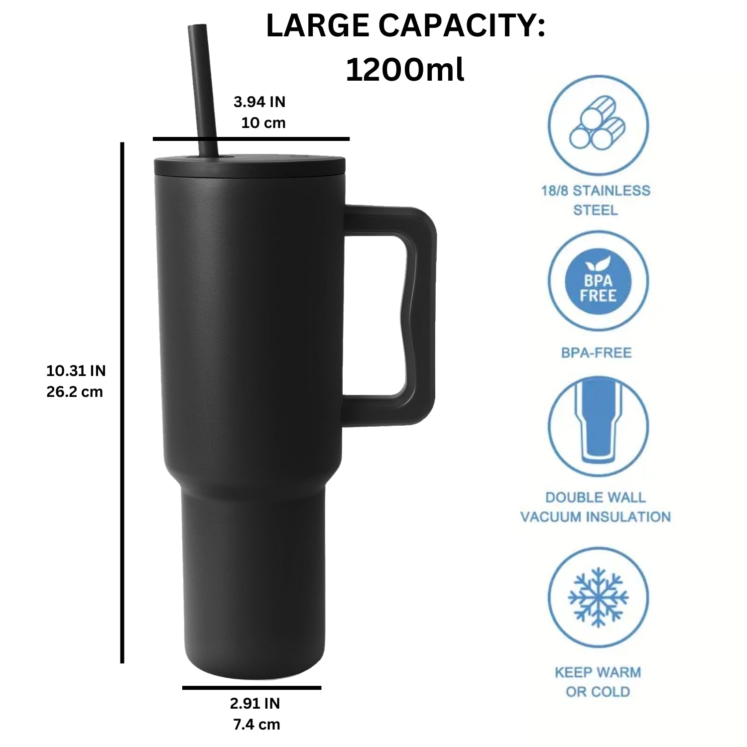 Stainless Steel Tumbler with Straw & Handle 1200ML - Black