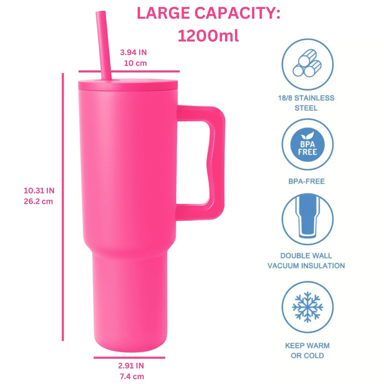 Stainless Steel Tumbler with Straw & Handle 1200ML - Rasburry