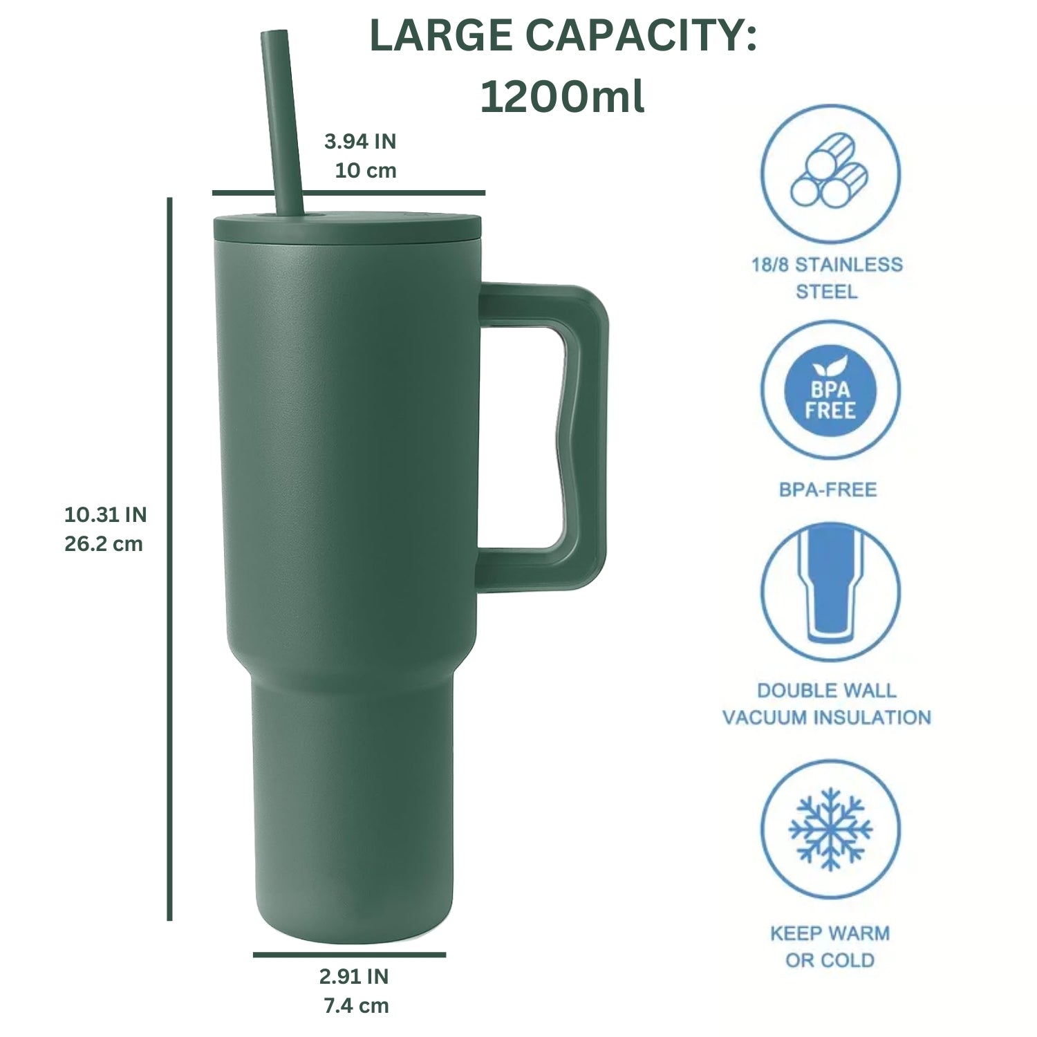 Stainless Steel Tumbler with Straw & Handle 1200ML - Forest