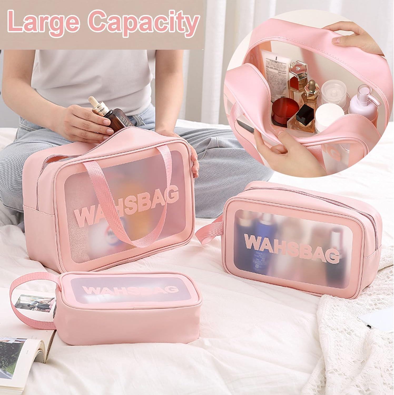 3 Piece Makeup Organizer Bag Set – Pink