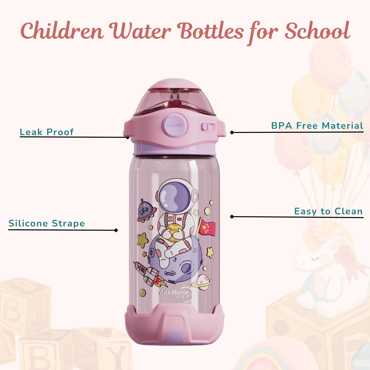 Kids Water Bottle with Straw - Pink