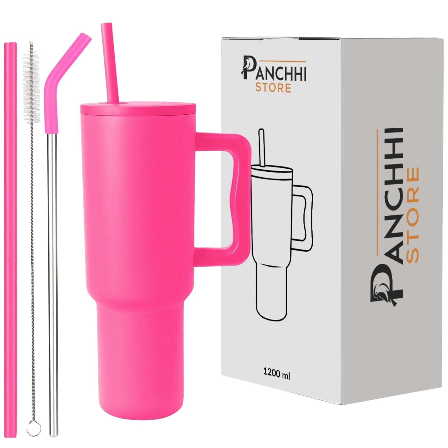 Stainless Steel Tumbler with Straw & Handle 1200ML - Rasburry