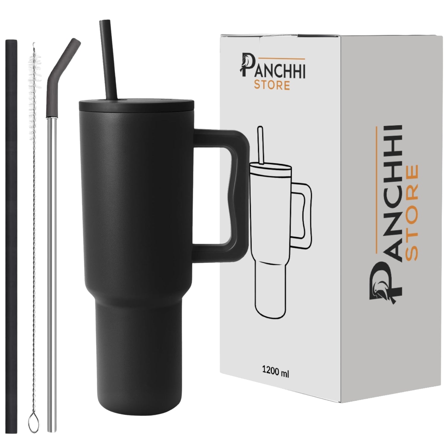 Stainless Steel Tumbler with Straw & Handle 1200ML - Black