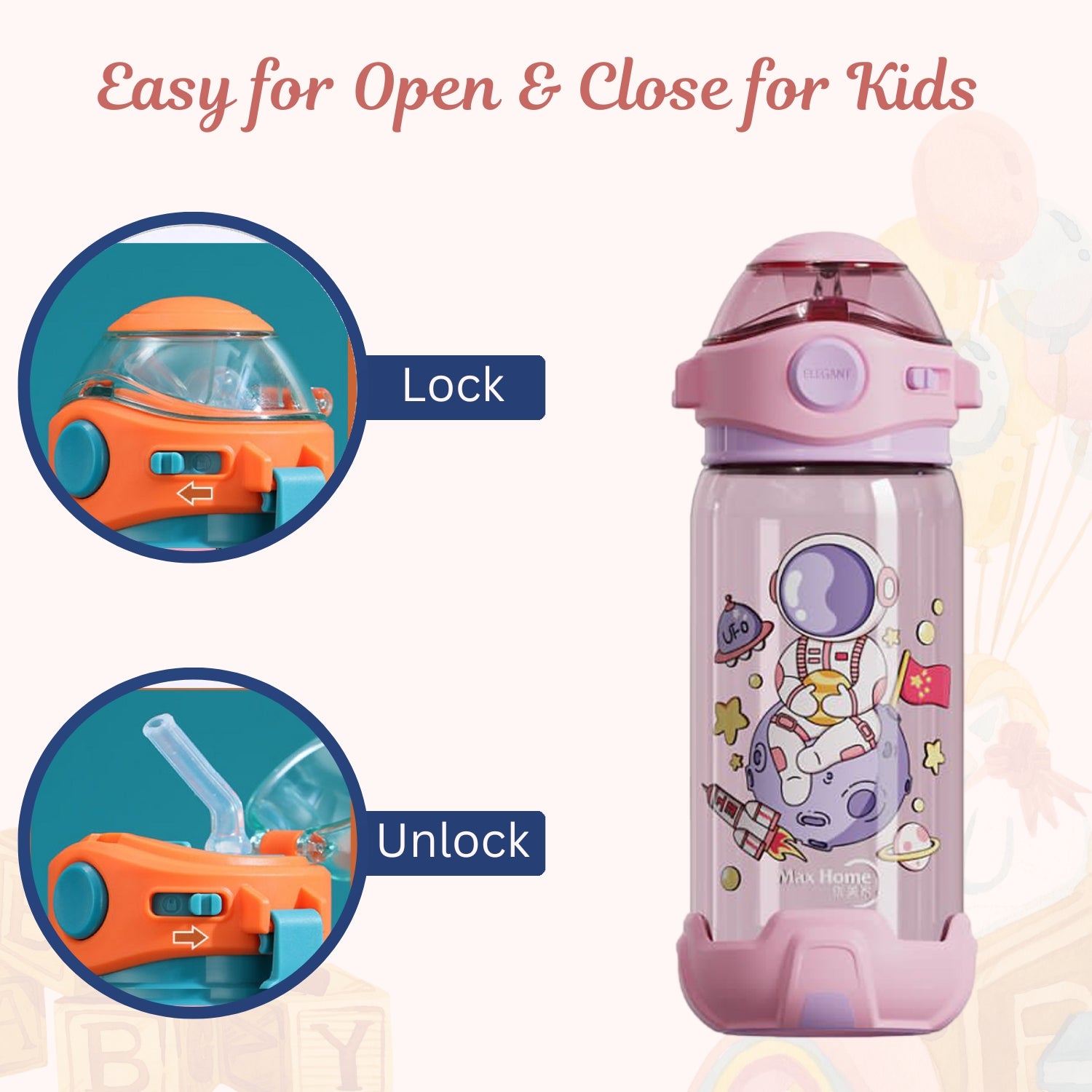 Kids Water Bottle with Straw - Pink