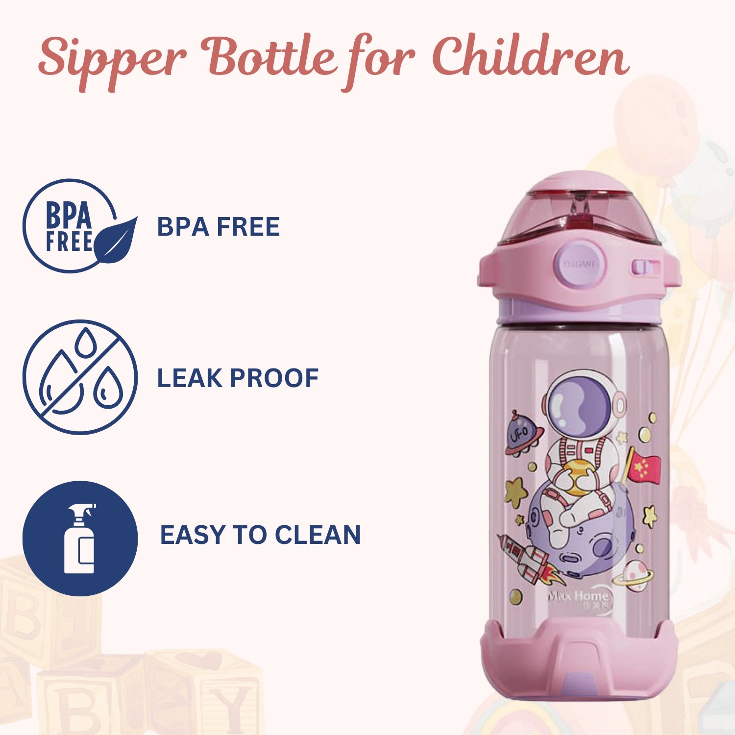 Kids Water Bottle with Straw - Pink